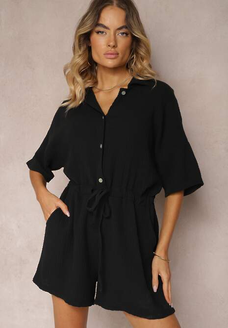 Czarny Bawełniany Kombinezon Muślinowy Ozdobiony Troczkami Zapinany na Guziki Dlissa