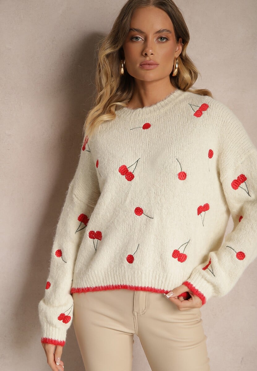 Czarny Sweter w Wisienki z Dodatkiem Wełny Eltintia