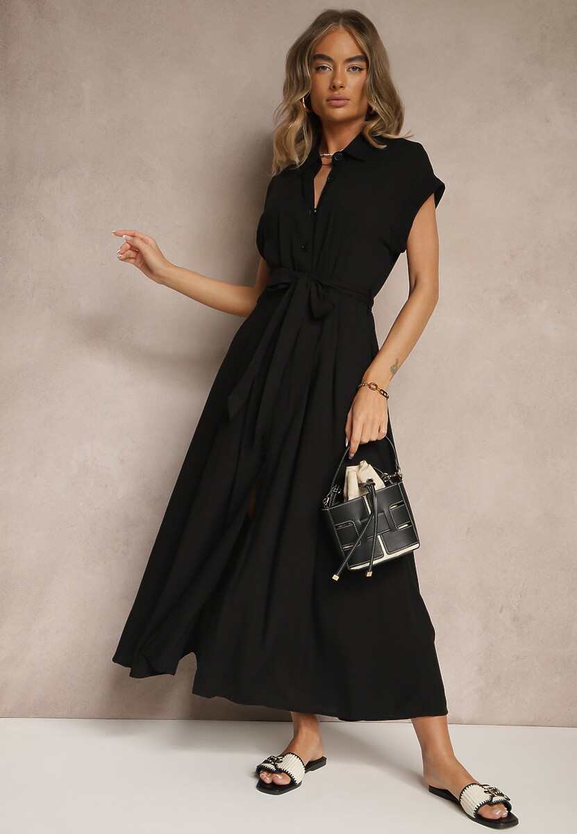 Czarna Koszulowa Sukienka z Wiskozy z Paskiem Rinaira