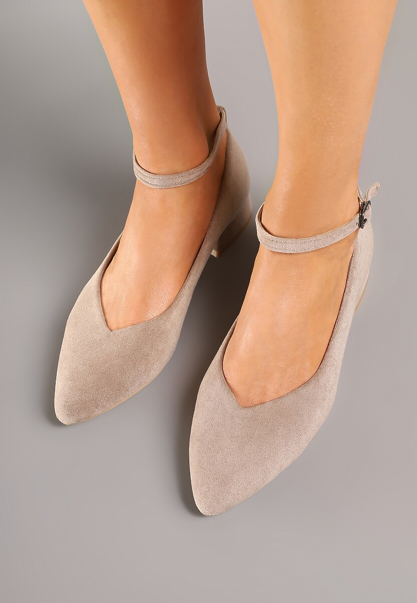 Ciemnobeżowe Czółenka na Słupku z Wkładką ze Skóry Naturalnej Ozdobione Paskiem Norzeri