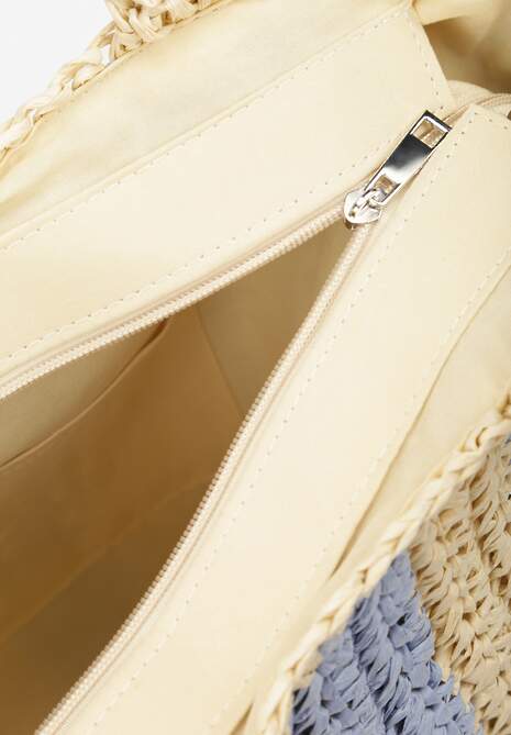 Niebiesko-Beżowa Pleciona Torebka z Rączką i Ozdobnym Napisem Rivasina