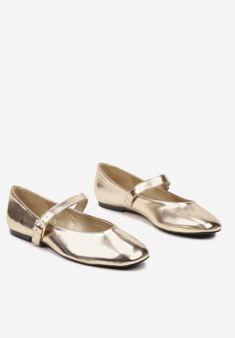 Złote Casualowe Balerinki z Paskiem ze Sprzączką Asideria