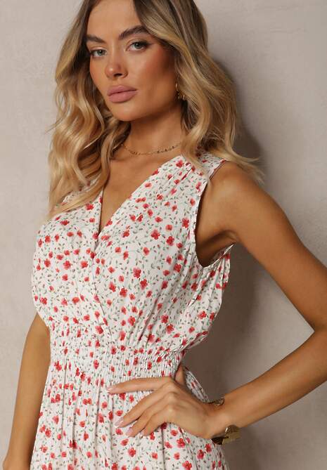 Biało-Różowa Kopertowa Sukienka z Wiskozy w Kwiaty Wykończona Gumką w Talii Innavia