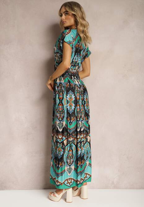 Zielona Długa Sukienka z Kopertowym Dekoltem i Wzorem Etno z Wiskozy Algrisa