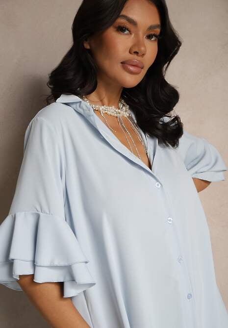 Jasnoniebieska Koszulowa Sukienka Ozdobiona Falbanką Ransara