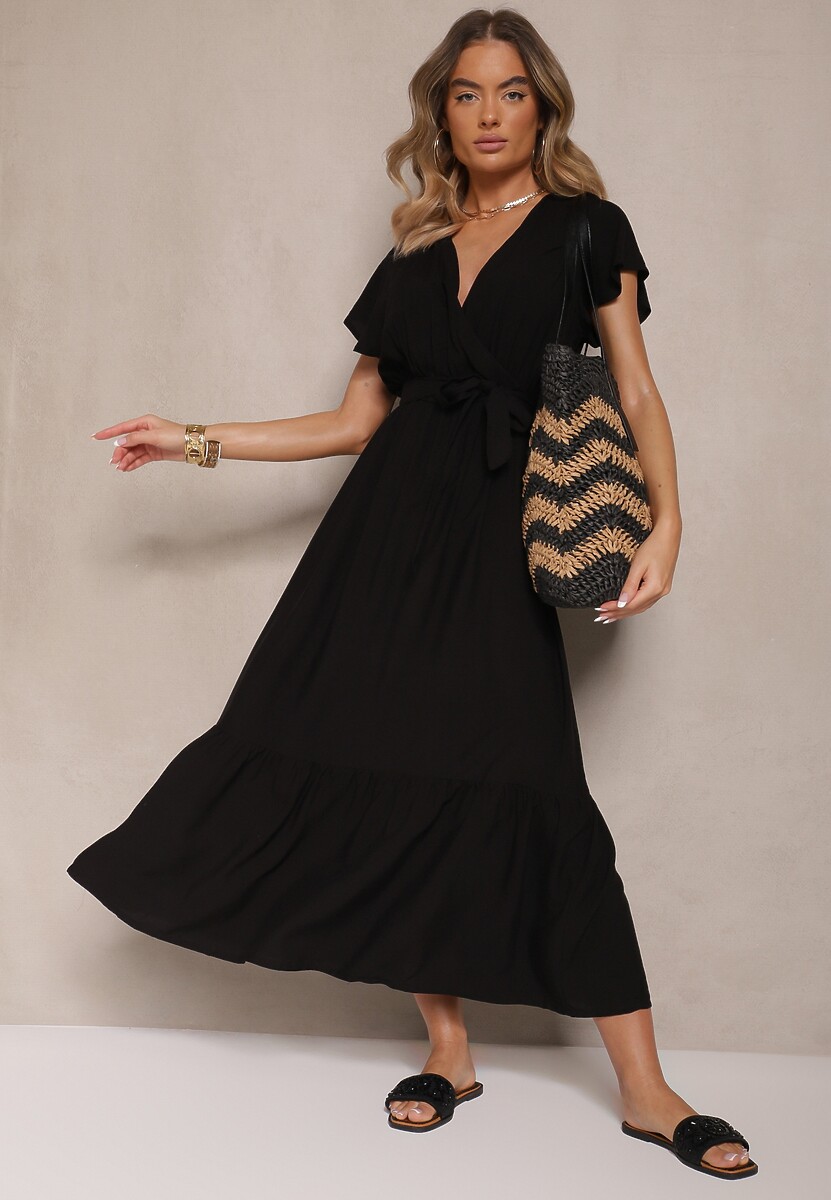 Czarna Kopertowa Sukienka z Wiskozy Ozdobiona Paskiem Savioneira