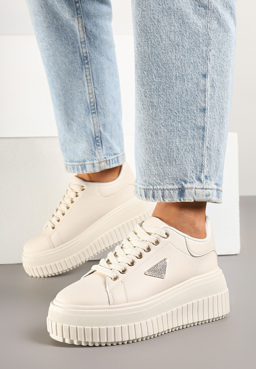 Beżowe Sneakersy na Tłoczonej Platformie Zdobione Metaliczną Aplikacją Fidania