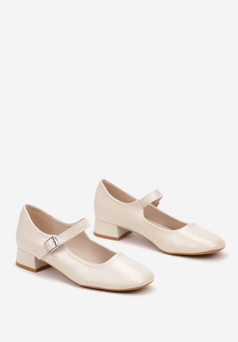 Beżowe Klasyczne Czółenka Zdobione Paskiem i Sprzączką na Niskim Obcasie Vittia