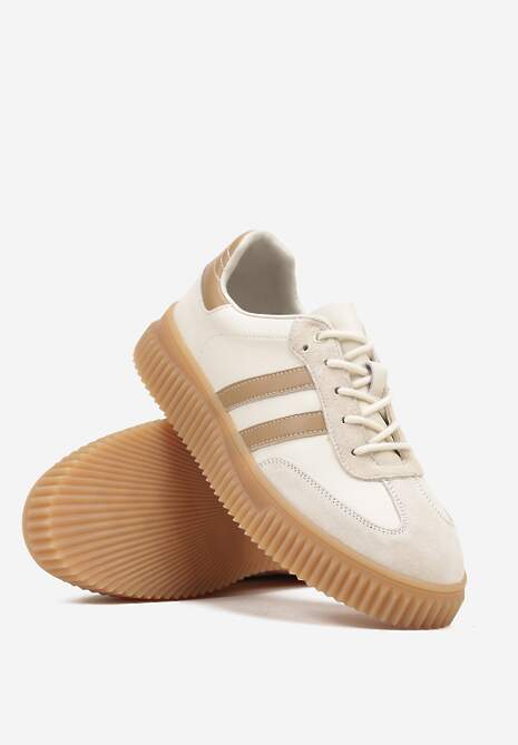 Beżowo-Brązowe Zamszowe Sneakersy w Stylu Kultowych Tenisówek ze Skórzaną Wkładką Tenannia