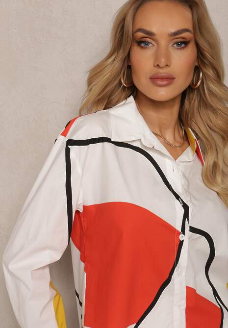 Jasnobeżowa Koszula z Bawełny Zapinana na Guziki z Kołnierzem o Nieregularnym Wzorze Pilines