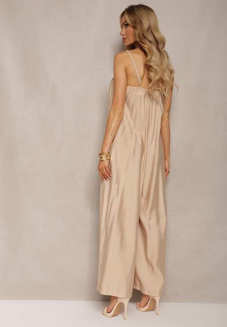 Beżowy Letni Kombinezon z Szerokimi Nogawkami i Ramiączkami Aniasa