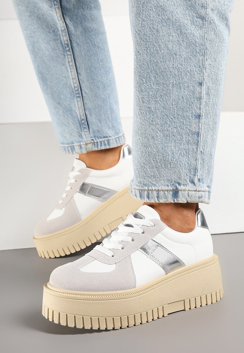 Biało-Szare Sneakersy na Platformie Ozdobione Paskiem Vivesse