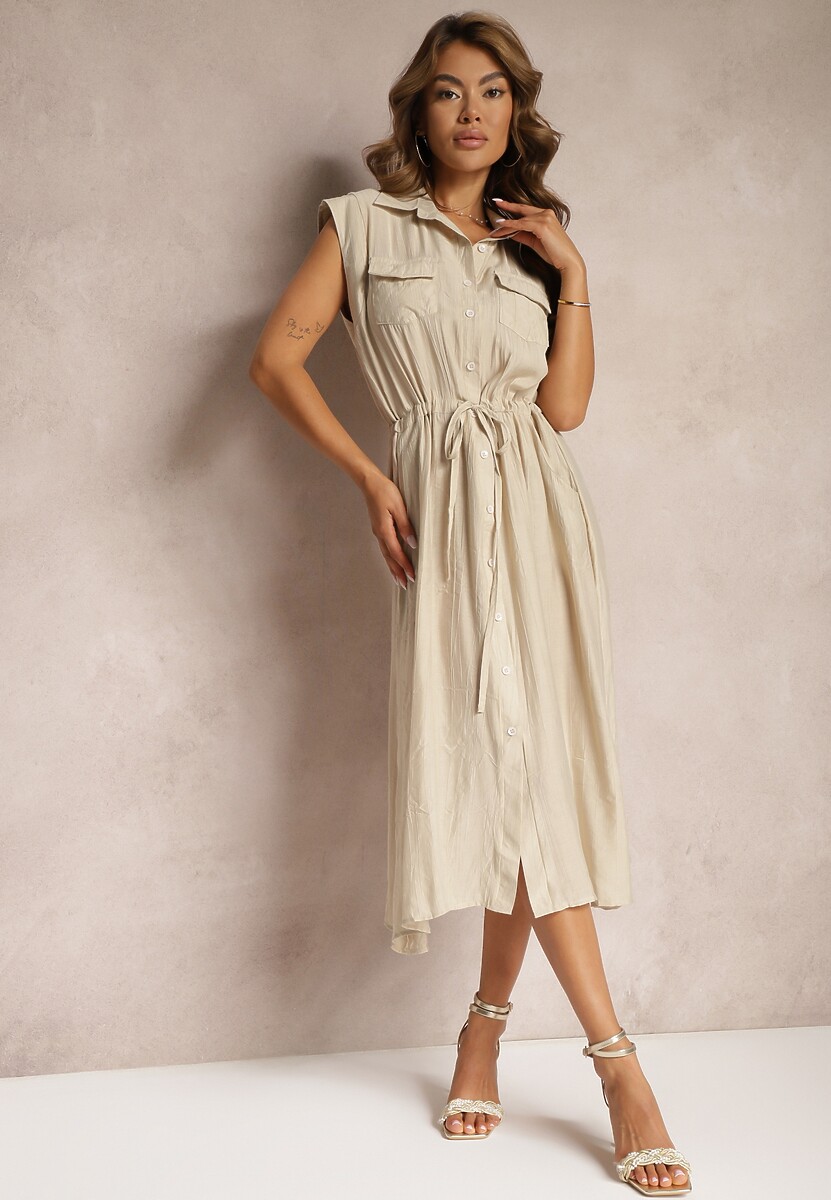 Beżowa Koszulowa Sukienka z Wiskozy bez Rękawów ze Ściągaczem w Talii Noreviana