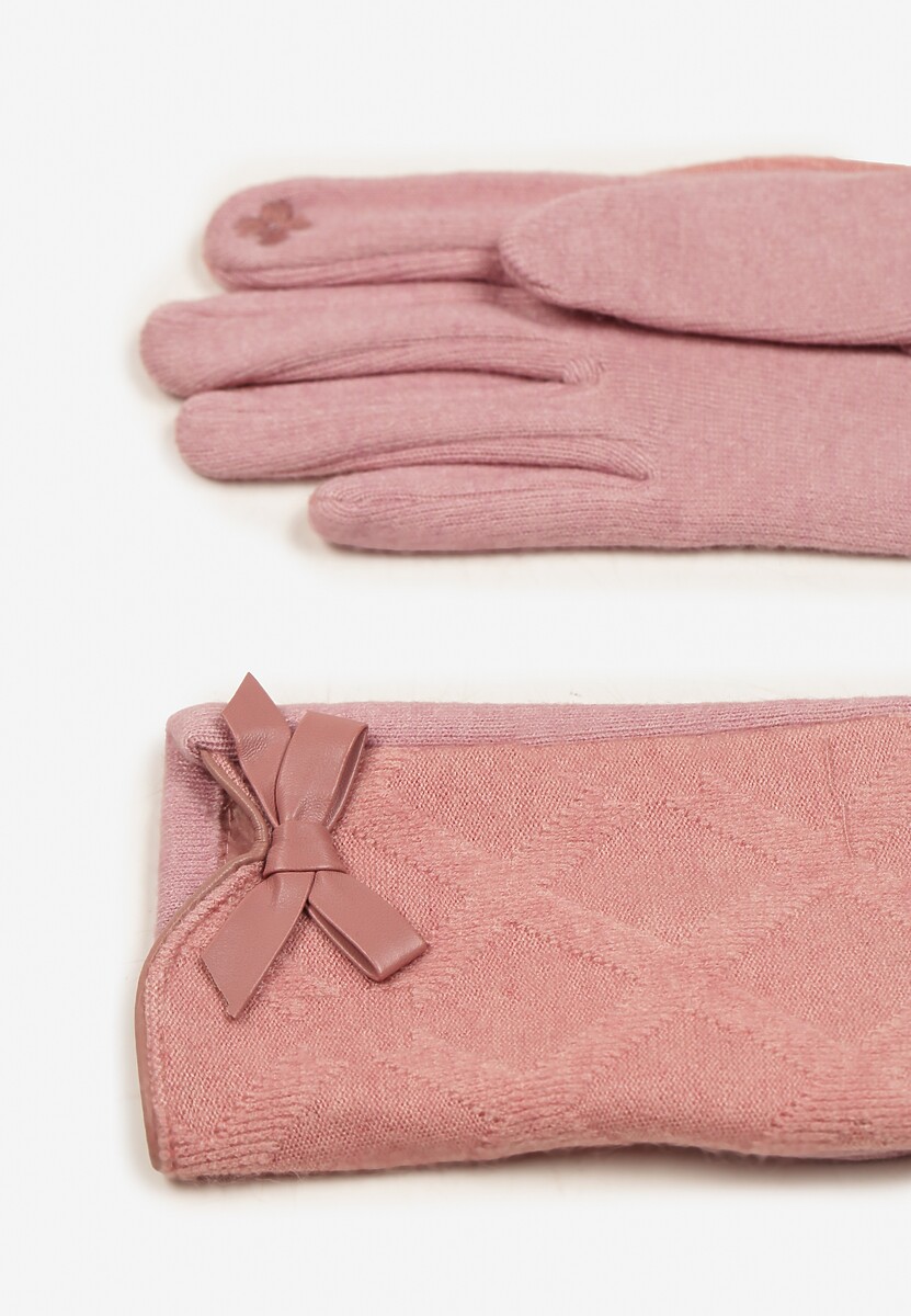 Różowe Rękawiczki Dzianinowe z Bawełną Ozdobione Kokardą Filremi