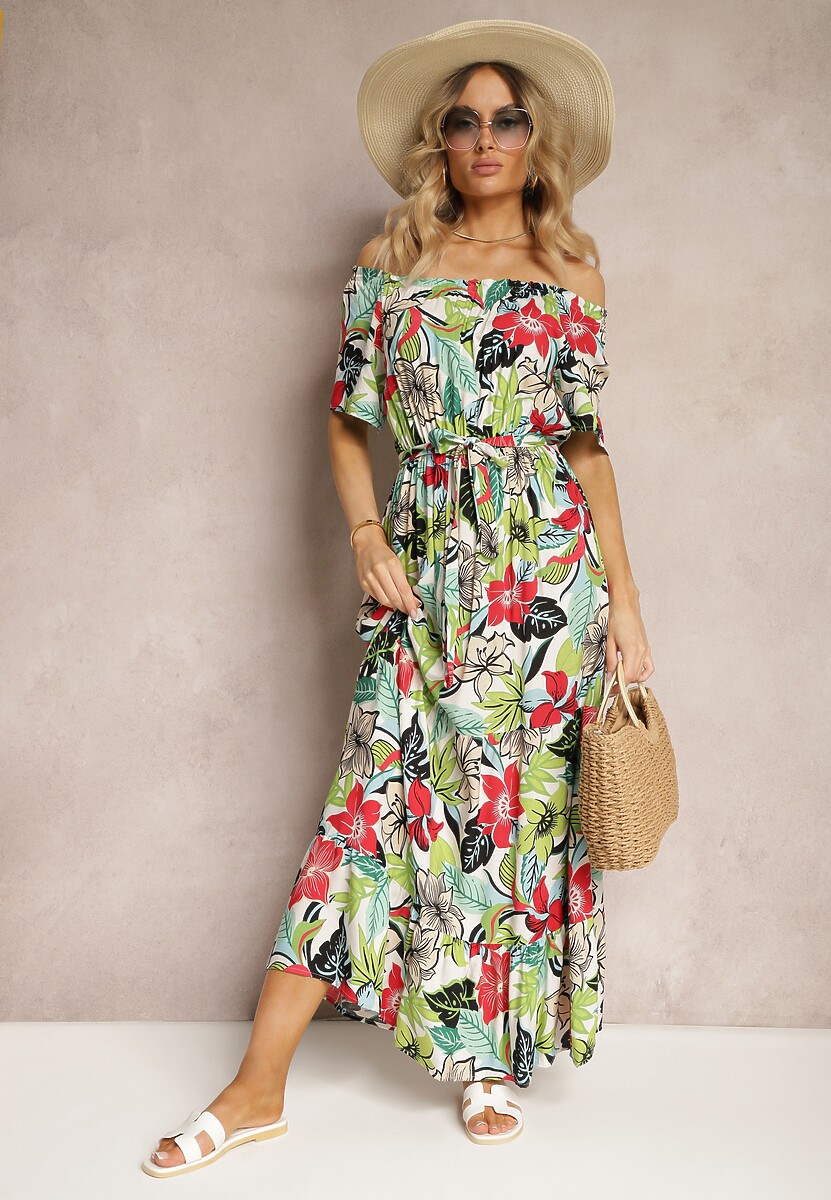 Czarno-Czerwona Wiskozowa Sukienka o Rozkloszowanym Kroju z Paskiem w Talii w Kwiatowy Print Rosubia