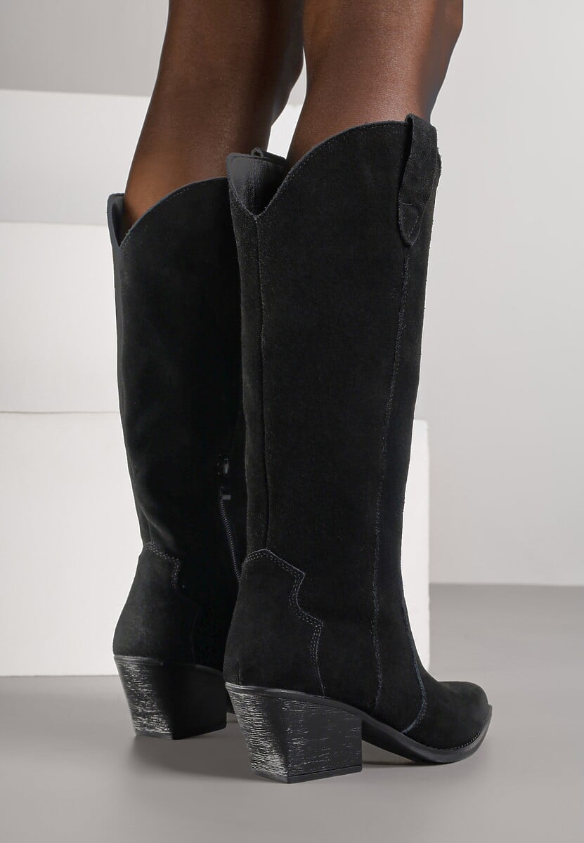 Czarne Kozaki Typu Kowbojki na Stożku z Naturalnego Zamszu Adeora