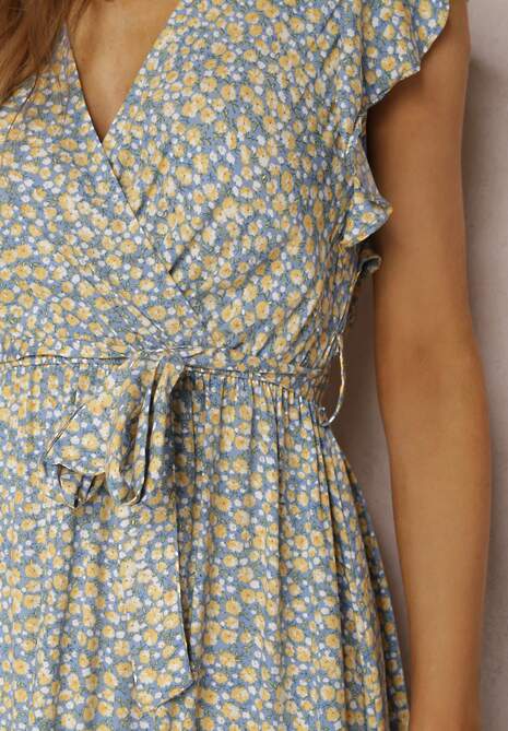 Niebiesko-Żółta Sukienka z Paskiem Althia