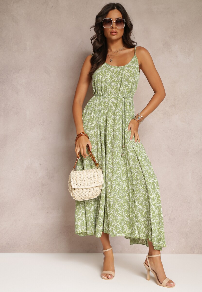 Zielona Sukienka Maxi Wiązana na Ramionach z Rozkloszowanym Dołem Matiltta