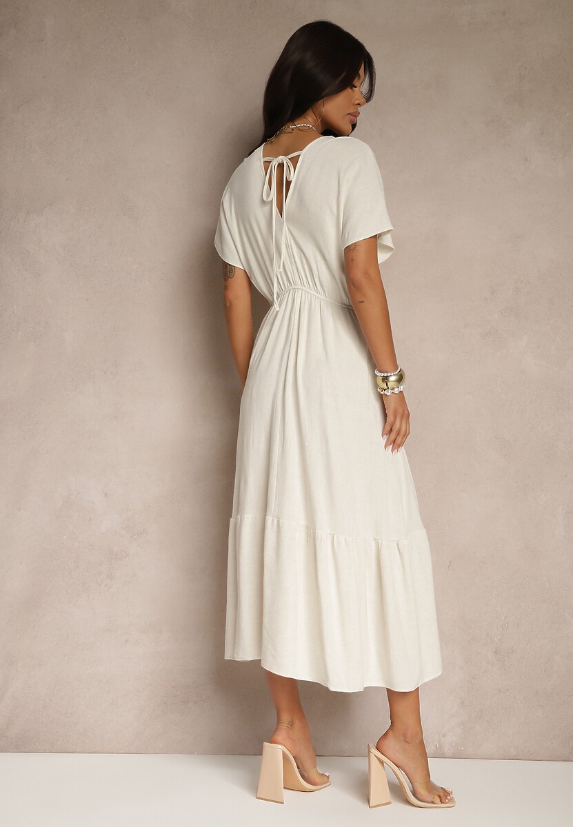 Jasnobeżowa Sukienka z Wiskozą i Lnem z Wiązaniem z Tyłu Kolissea