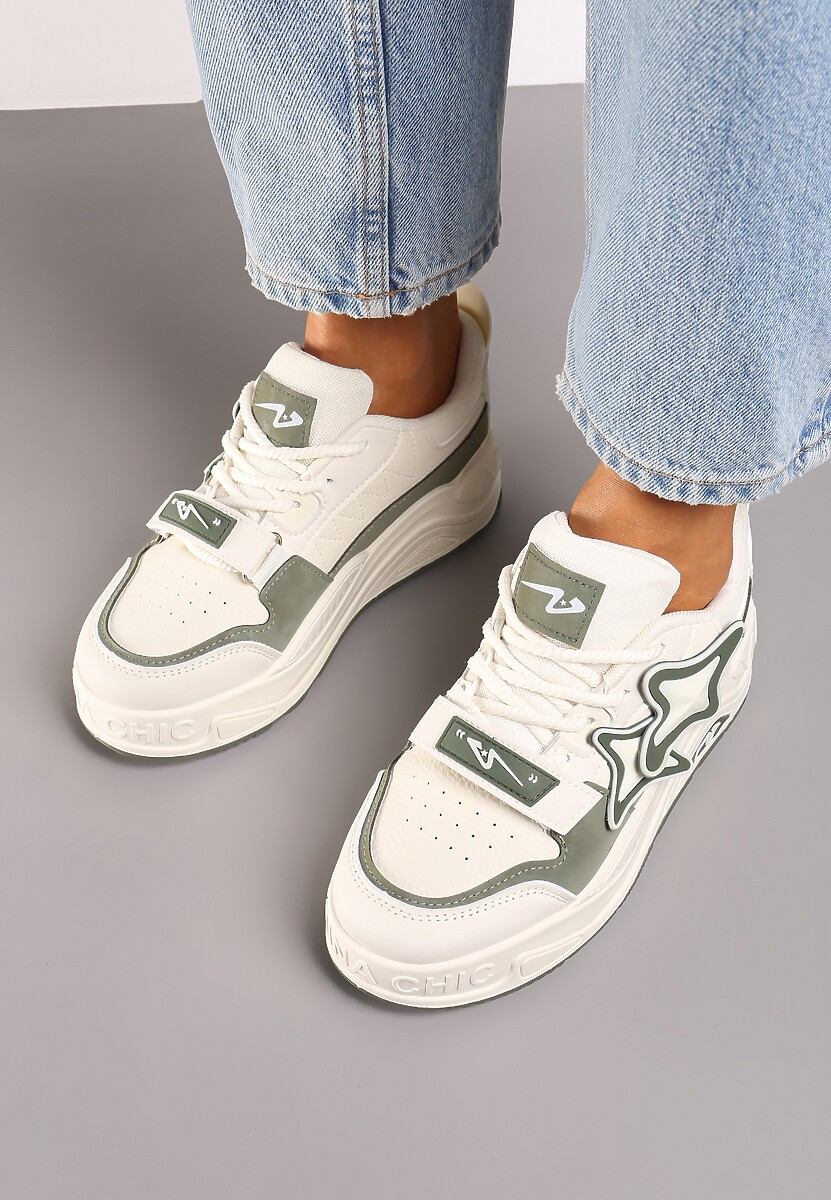 Beżowo-Zielone Sneakersy na Platformie z Grubymi Sznurowadłami i Zapięciem na Rzep Arlaia