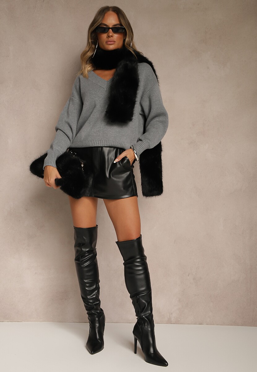 Szary Sweter z Kaszmirem i Trójkątnym Dekoltem Plenne