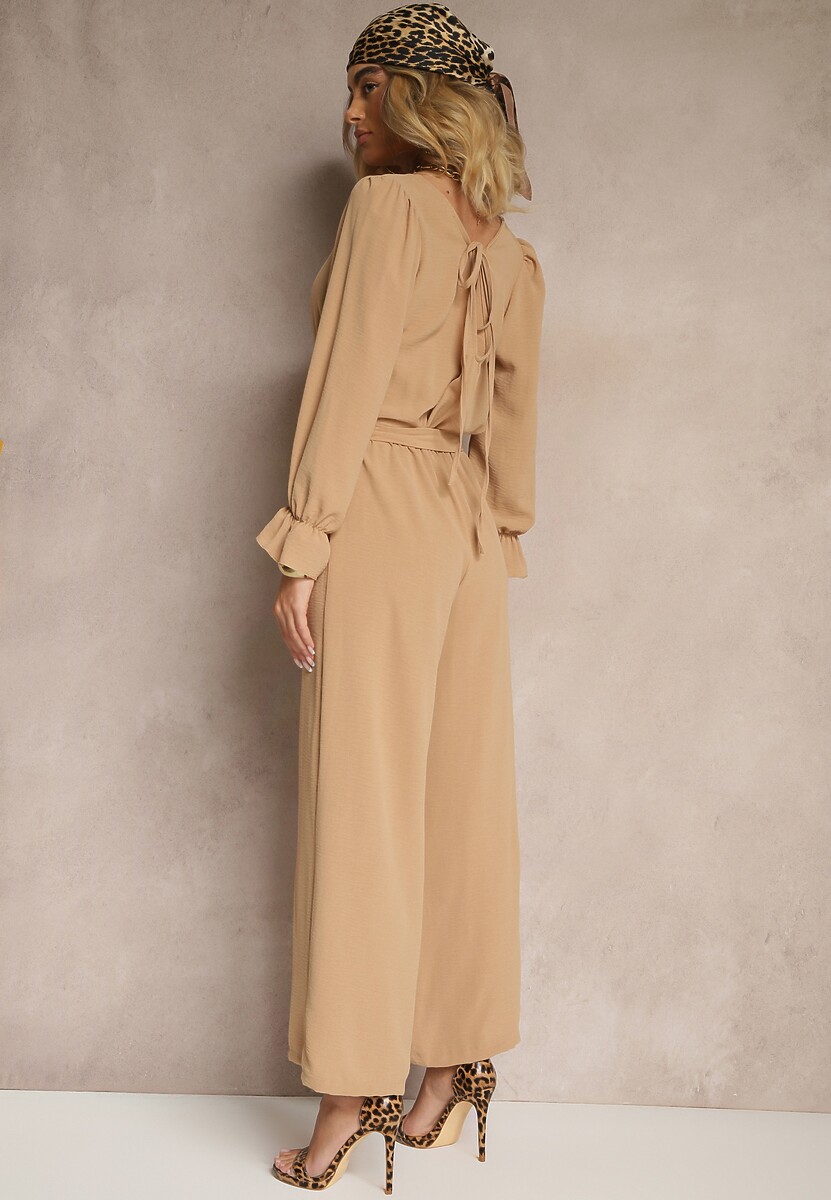 Beżowy Casualowy Kombinezon z Paskiem i Gumką w Pasie Wiązany na Plecach Melodette