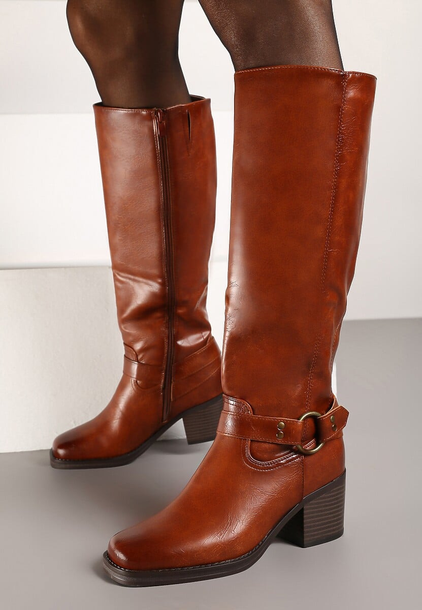 Brązowe Kozaki na Obcasie w Stylu Bikerów z Okrągłą Klamrą Eziella