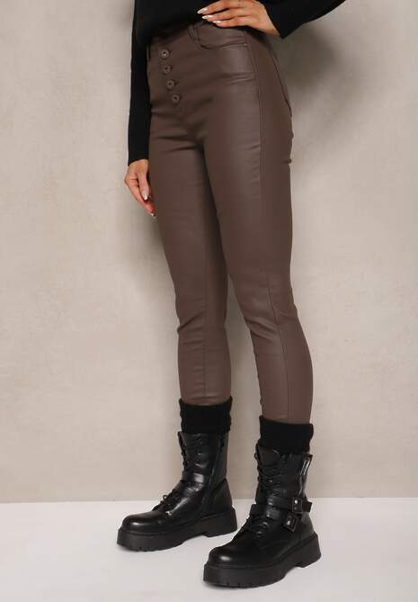 Brązowe Modelujące Spodnie z Ekoskóry o Fasonie Skinny Caetana