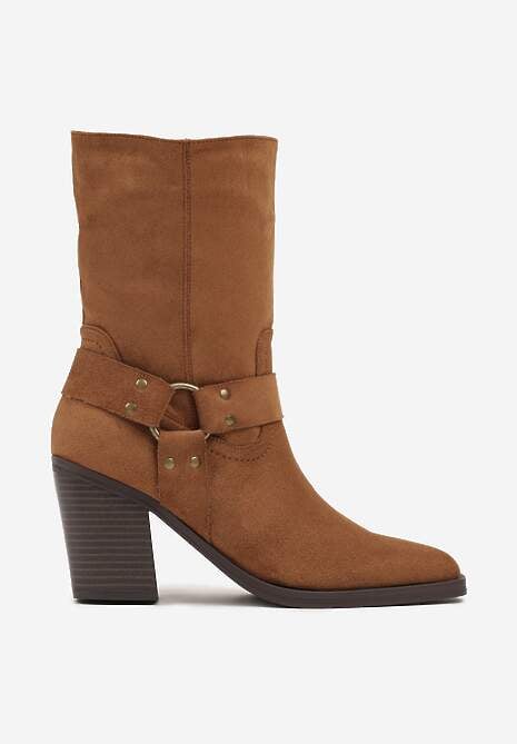 Brązowe Botki Bikery na Słupku Ozdobione Paskiem Miavella