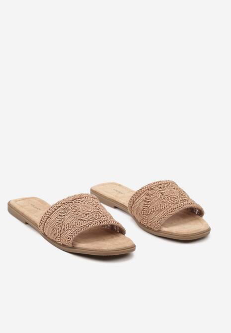Ciemnobeżowe Plecione Klapki na Płaskiej Podeszwie w Stylu Boho Evielle
