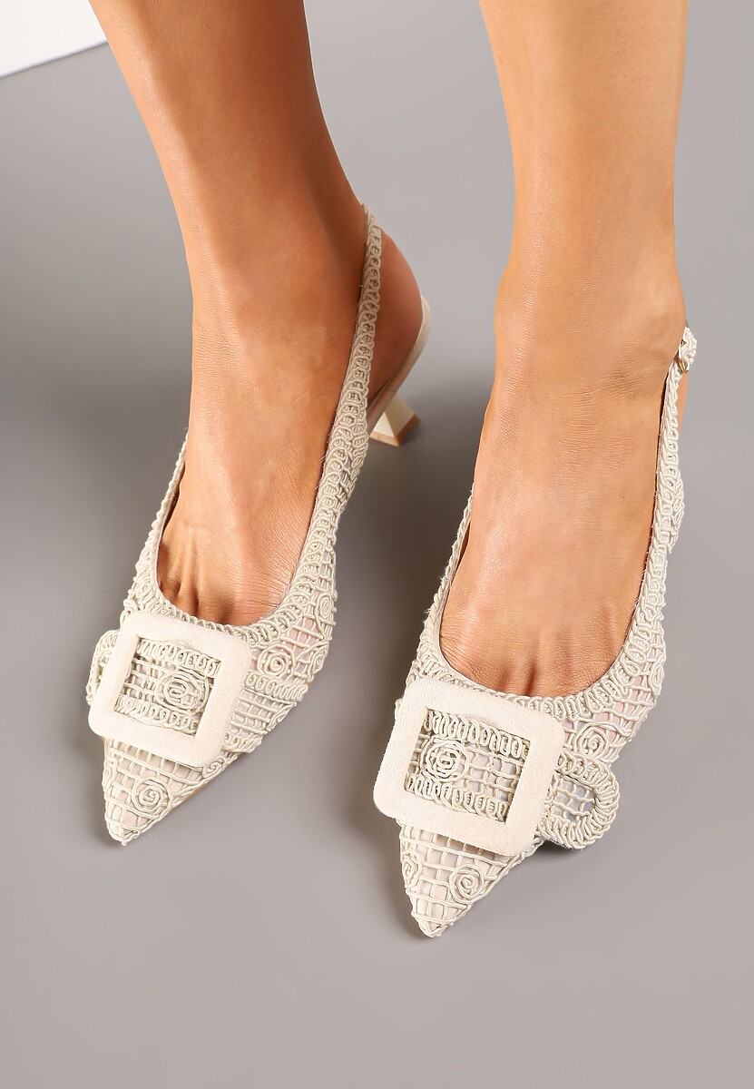 Beżowe Sandały na Kaczuszce Typu Slingback Ozdobione Plecionką i Klamrą Elivrella