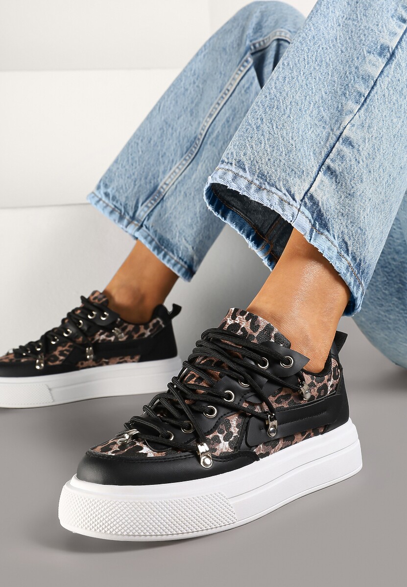 Czarno-Białe Sneakersy ze Wzorem w Panterkę Doridi