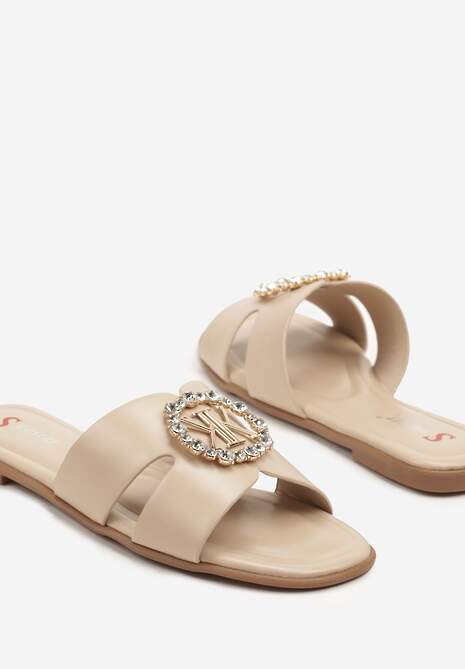 Beżowe Klapki Ozdobione Cyrkoniami i Aplikacją Eranoris