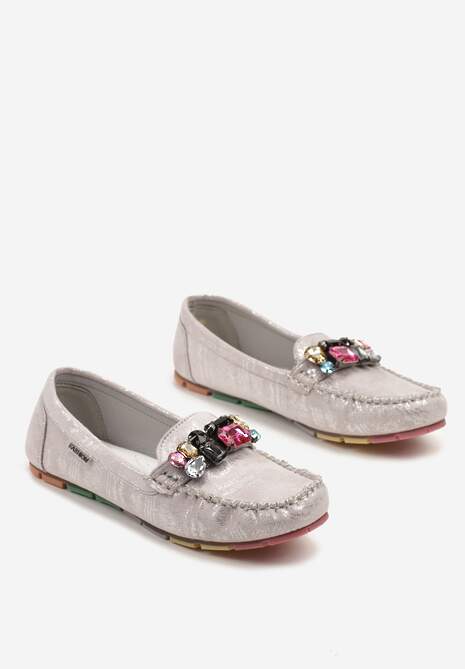 Srebrne Mokasyny z Wkładką ze Skóry Naturalnej i Cyrkoniami Zimora