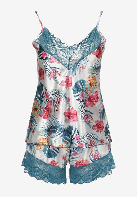 Niebiesko-Biały Satynowy Komplet Piżamowy we Florystyczny Print z Koronką Top i Szorty Galltaia
