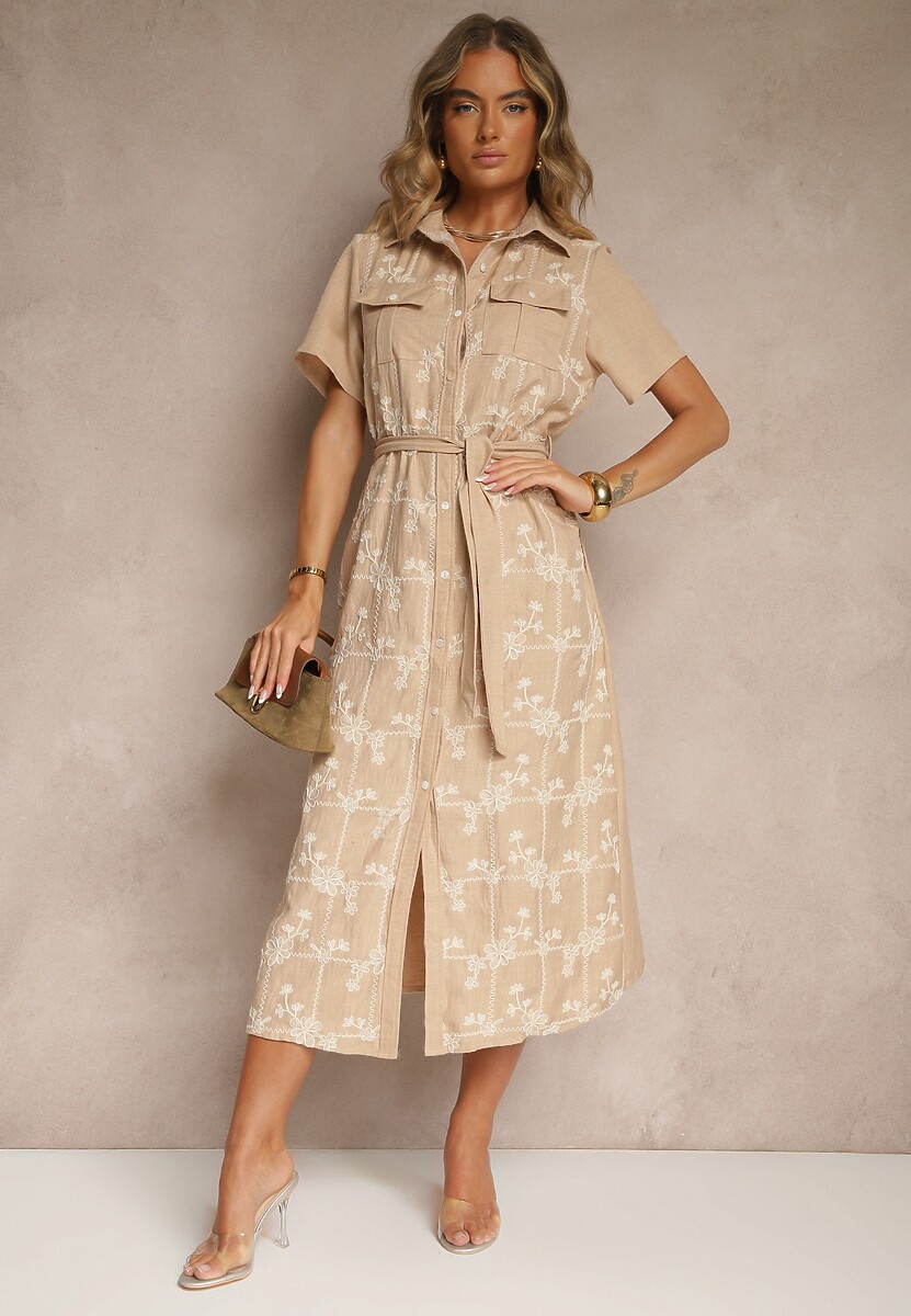 Beżowa Koszulowa Sukienka z Wiązanym Paskiem Zdobiona Haftem Malinnessa