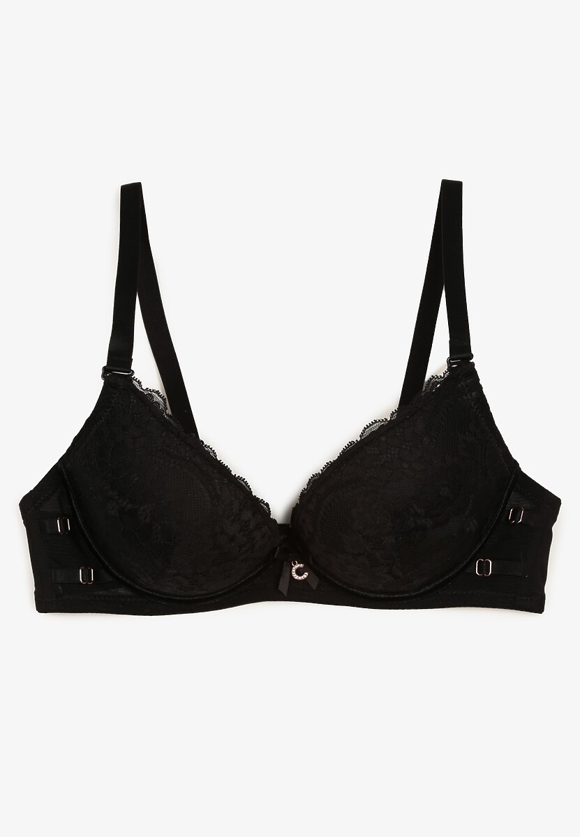 Czarny Biustonosz z Regulowanymi Ramiączkami Zapinany na Haftki Ozdobiony Koronką Zloella