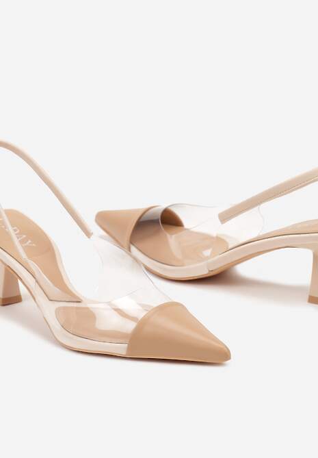 Beżowe Sandały z Imitacji Skóry na Obcasie Typu Kaczuszka z Przezroczystymi Elementami Gravia