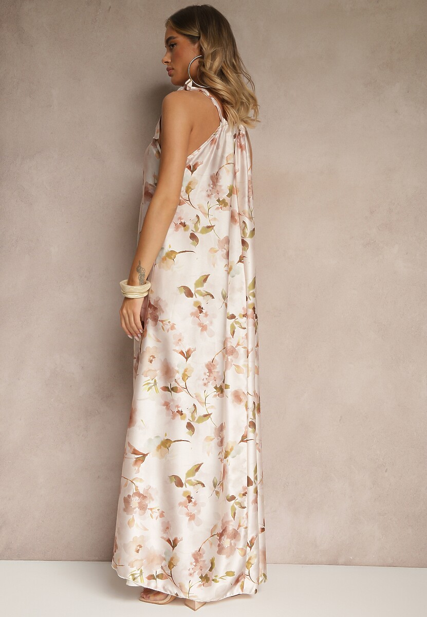 Beżowa Sukienka z Satyny w Kwiatowy Wzór Fenimea