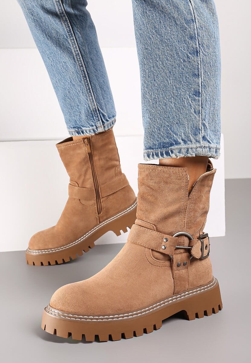 Brązowe Płaskie Botki w Stylu Biker Ozdobione Klamrami i Paskami Terinene