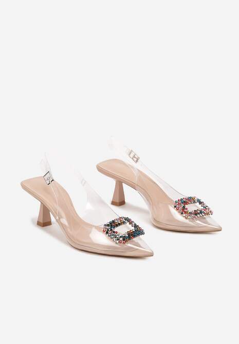 Ciemnobeżowe Przezroczyste Sandały na Kaczuszce Ozdobione Cyrkoniami Nalavithe