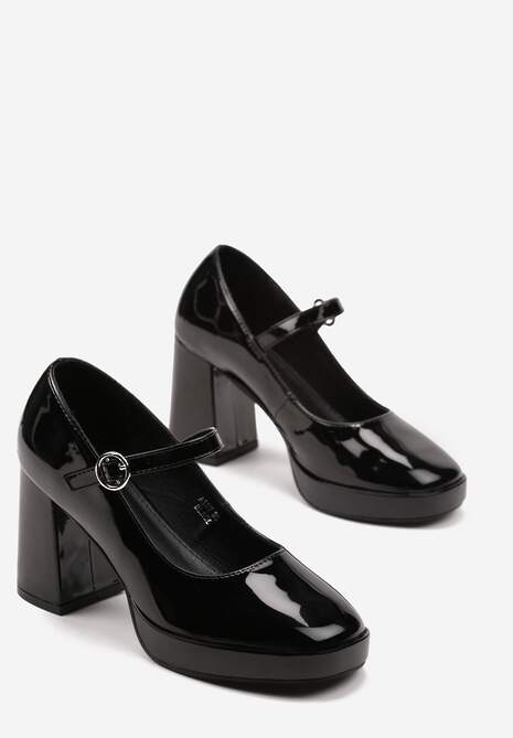 Czarne Półbuty Lakierowane na Słupku Wykończone Sprzączką Nevitrea
