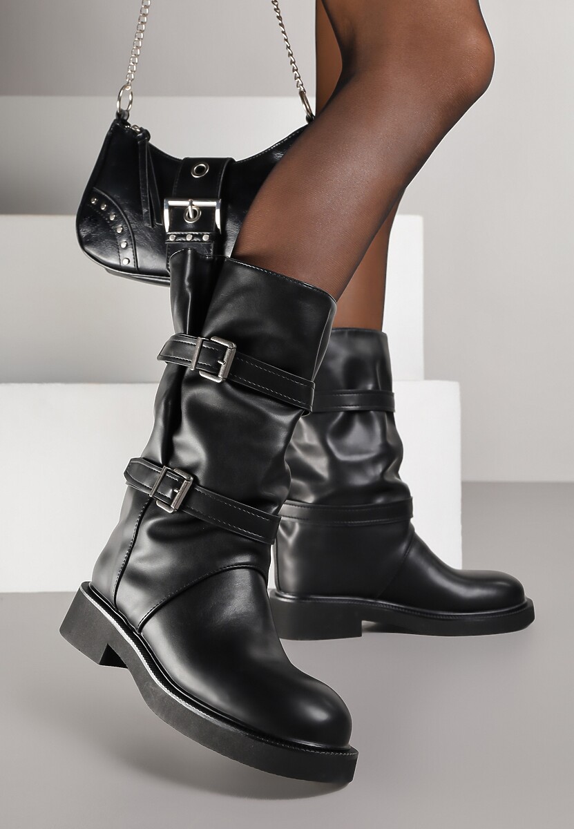 Czarne Botki Biker Boots z Marszczoną Cholewką i Paskami ze Sprzączkami Sinesa