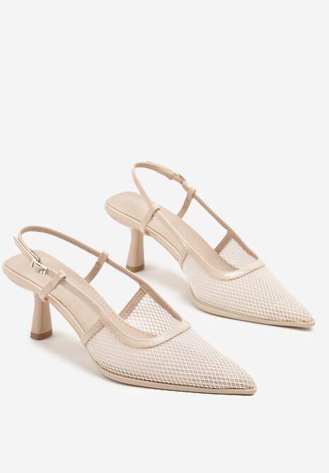 Beżowe Sandały na Obcasie Kaczuszka ze Sprzączką i Siateczką Falelitia