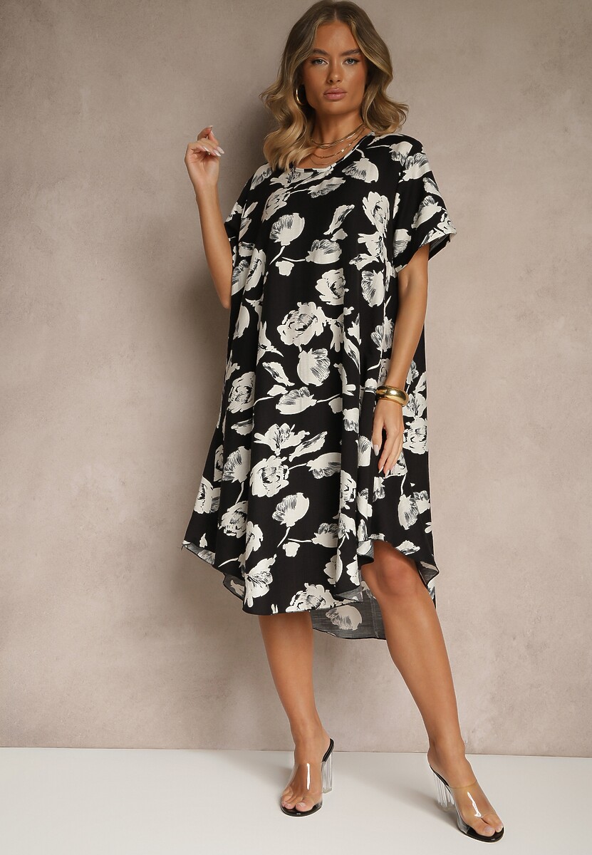 Czarna Sukienka Pudełkowa z Wiskozy w Kwiaty Aranolia
