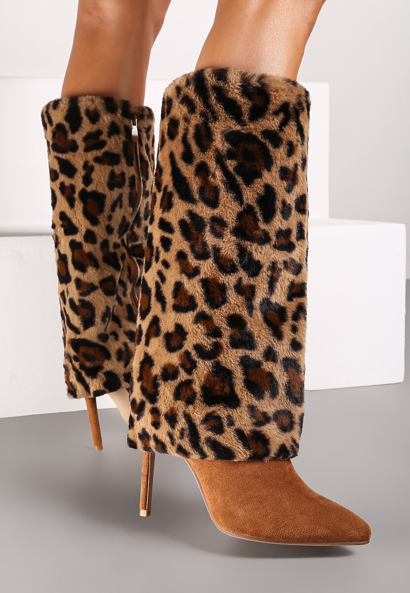 Brązowe Kozaki na Szpilce Ozdobione Futerkiem i Wywiniętą Cholewką w Panterkę Riavira