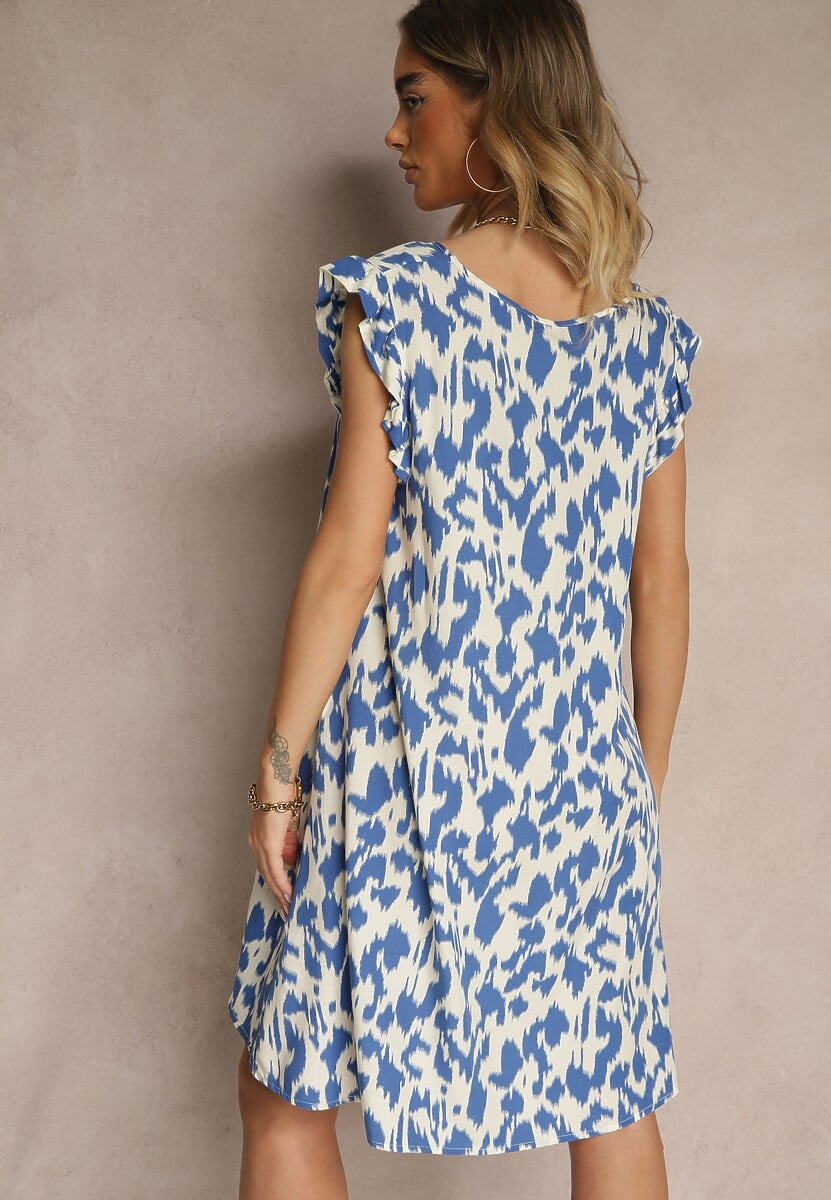 Niebieska Rozkloszowana Bawełniana Sukienka Ozdobiona Falbankami Ulosilia