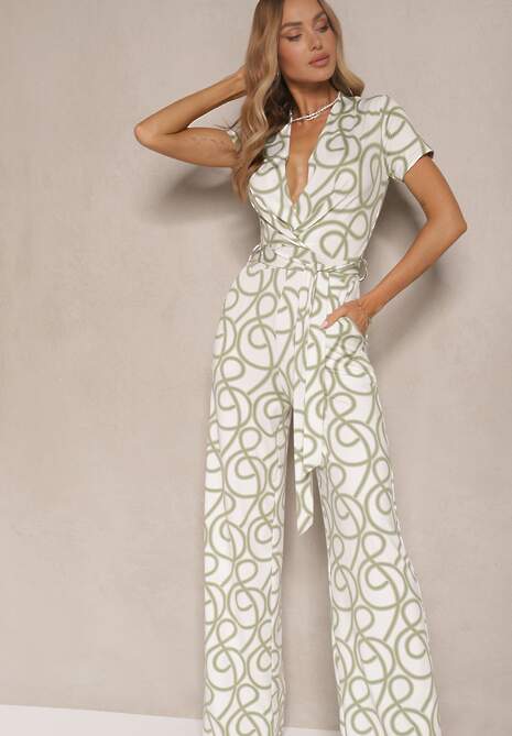 Zielony Kopertowy Kombinezon z Wiskozą Zdobiony Abstrakcyjnym Printem Evivola