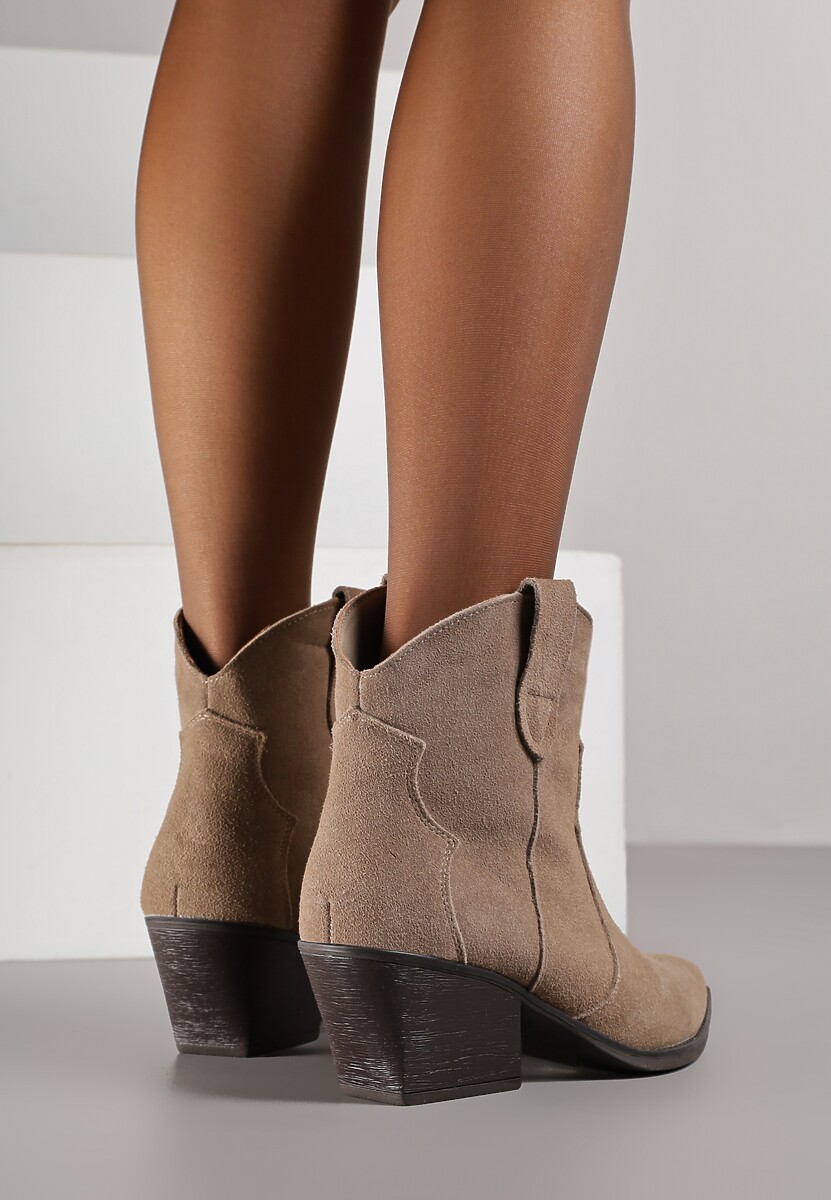 Ciemnobeżowe Botki Kowbojki na Stożku ze Skóry Naturalnej Liravetta