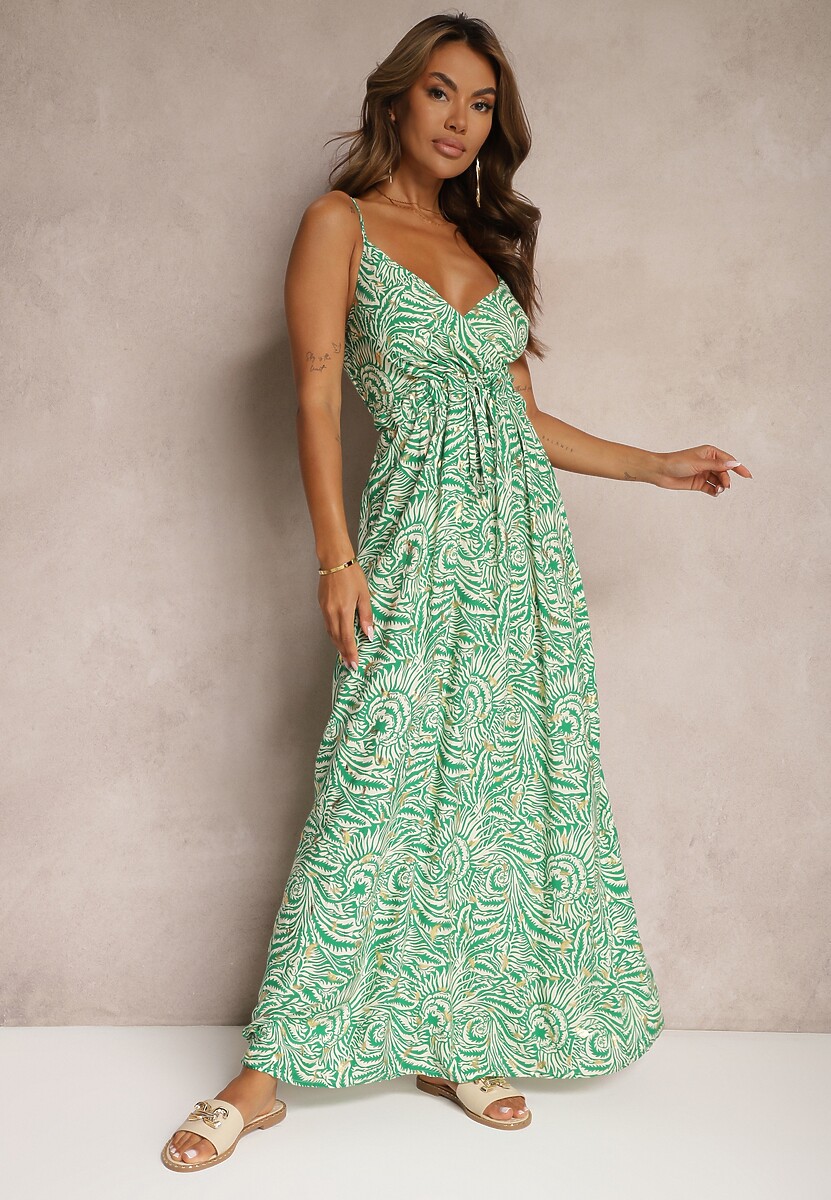 Zielona Sukienka z Bawełny Rozkloszowana na Cienkich Ramiączkach Risandras